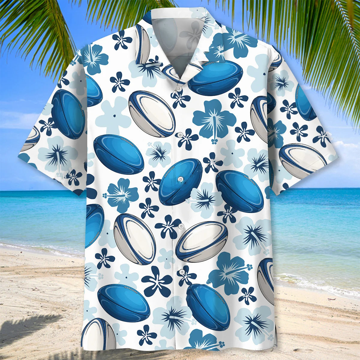 Blue Rugby Hibiscus Hawaiian Shirt