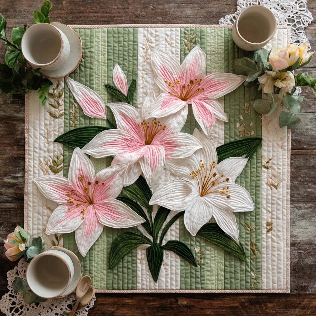 Blush Lilies Quilted Table Topper