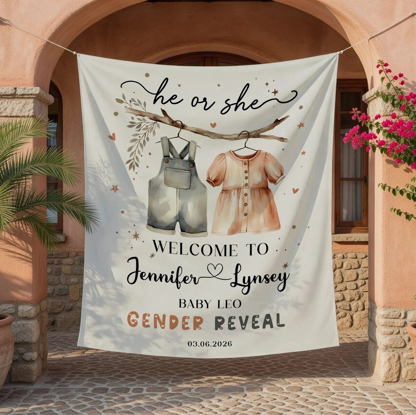 Boho Gender Reveal Baby Shower Tapestry Personalized Custom Name Baby Reveal Banner Backdrop, baby shower decor