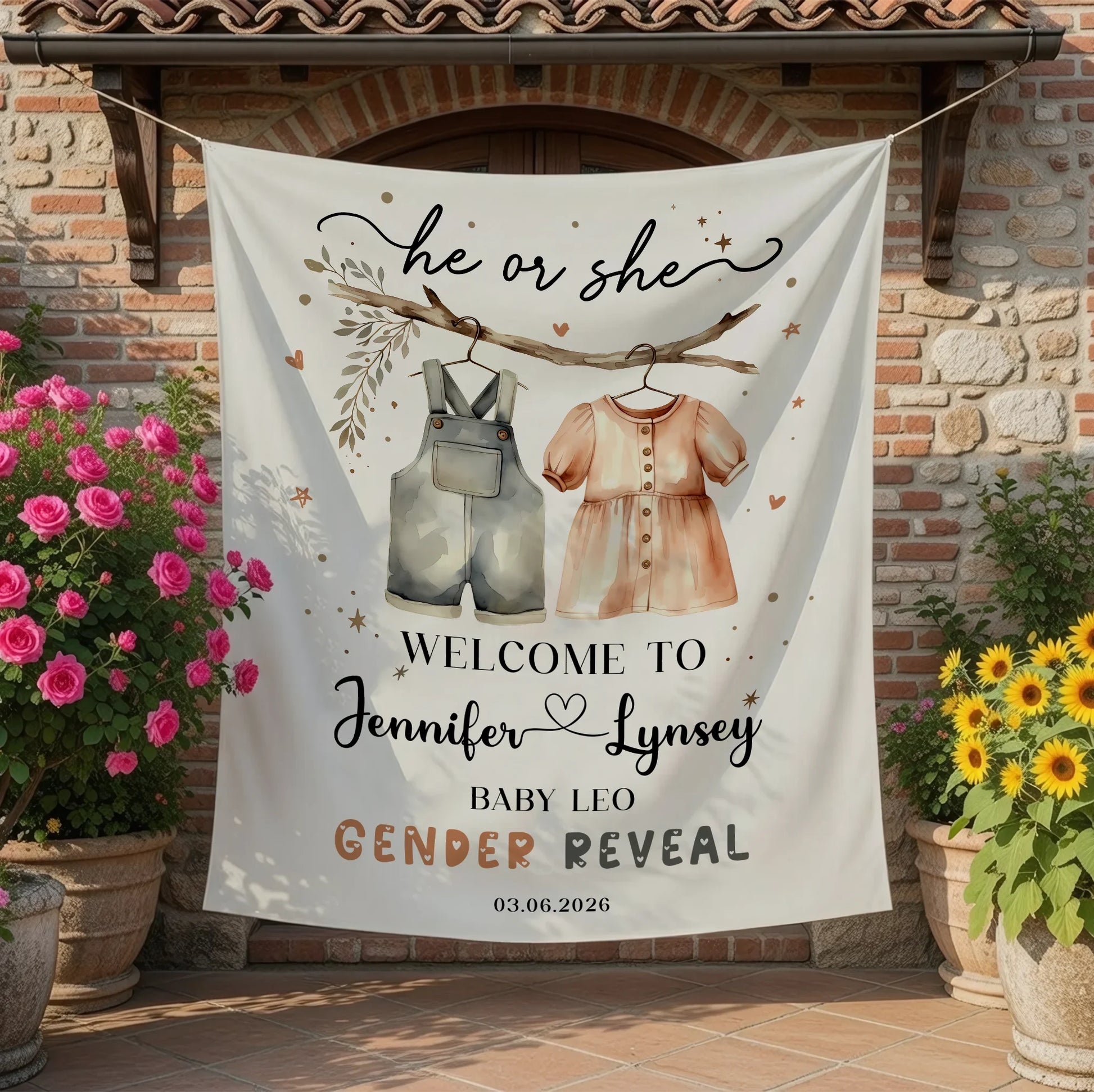 Boho Gender Reveal Baby Shower Tapestry Personalized Custom Name Baby Reveal Banner Backdrop, baby shower decor (view 2)