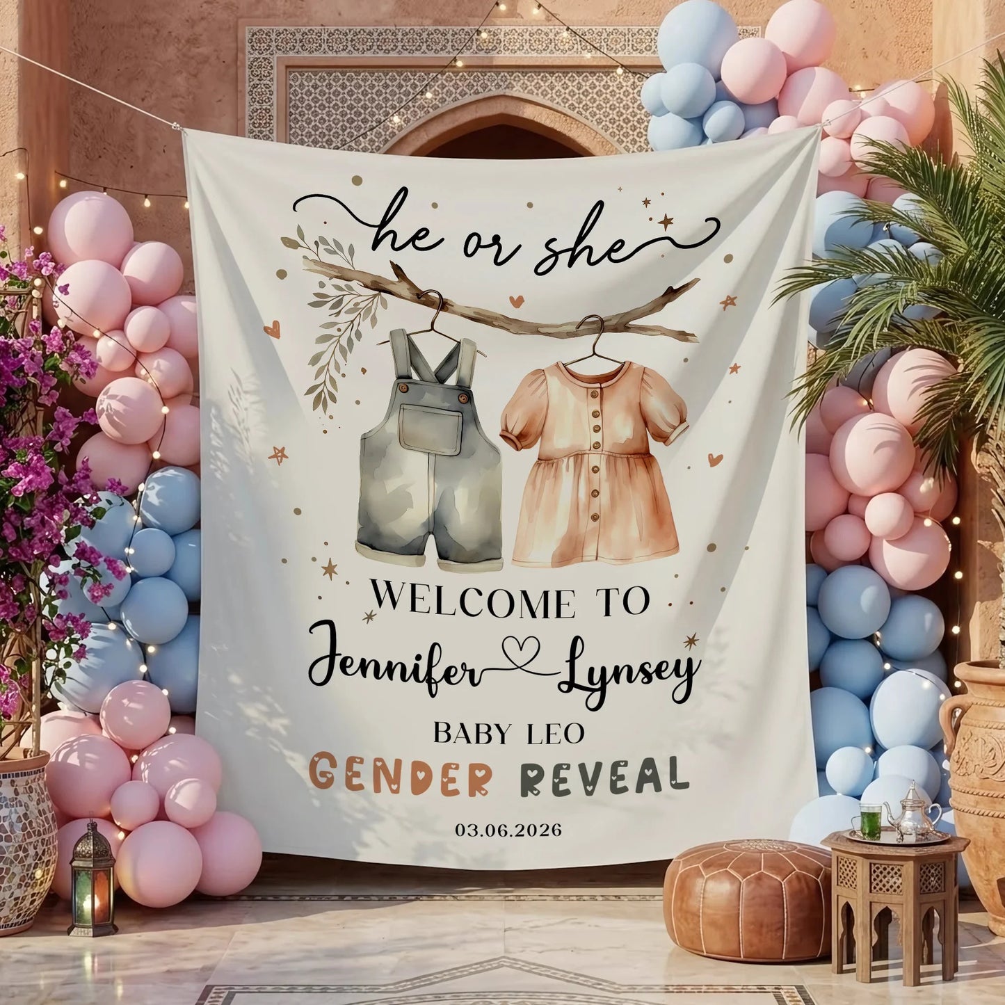 Boho Gender Reveal Baby Shower Tapestry Personalized Custom Name Baby Reveal Banner Backdrop, baby shower decor (view 3)