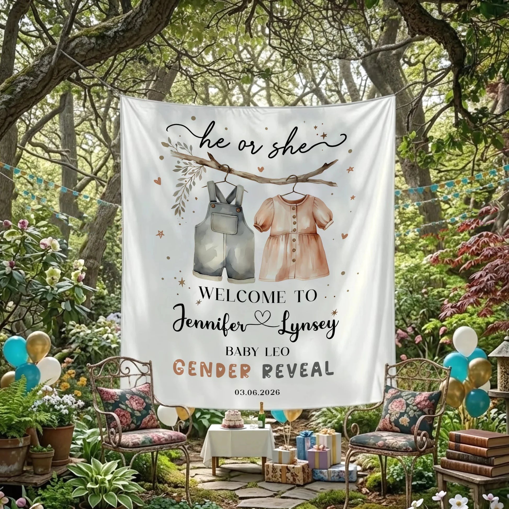 Boho Gender Reveal Baby Shower Tapestry Personalized Custom Name Baby Reveal Banner Backdrop, baby shower decor (view 4)