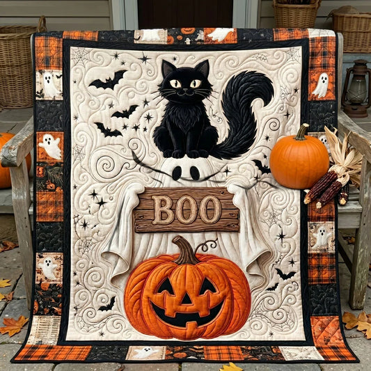 Boo Black Cat Ghost Pumpkin Quilt Blanket