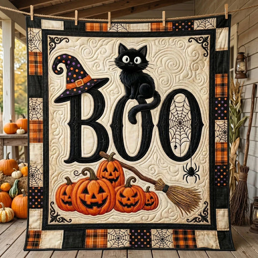 Boo Black Cat Witch Halloween Quilt Blanket