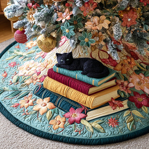 Bookish Feline Tales Christmas Quilted Tree Skirt