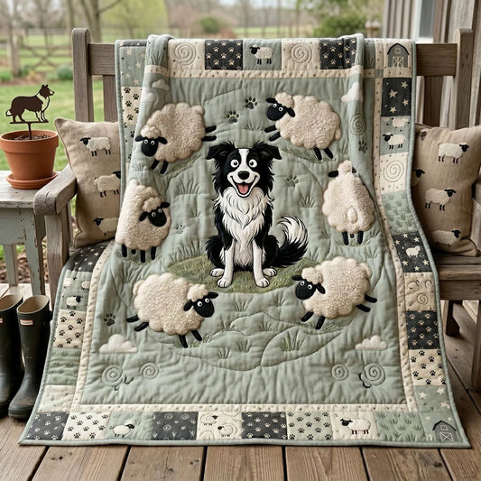 Border Collie And Sheep Meadow Quilt Blanket