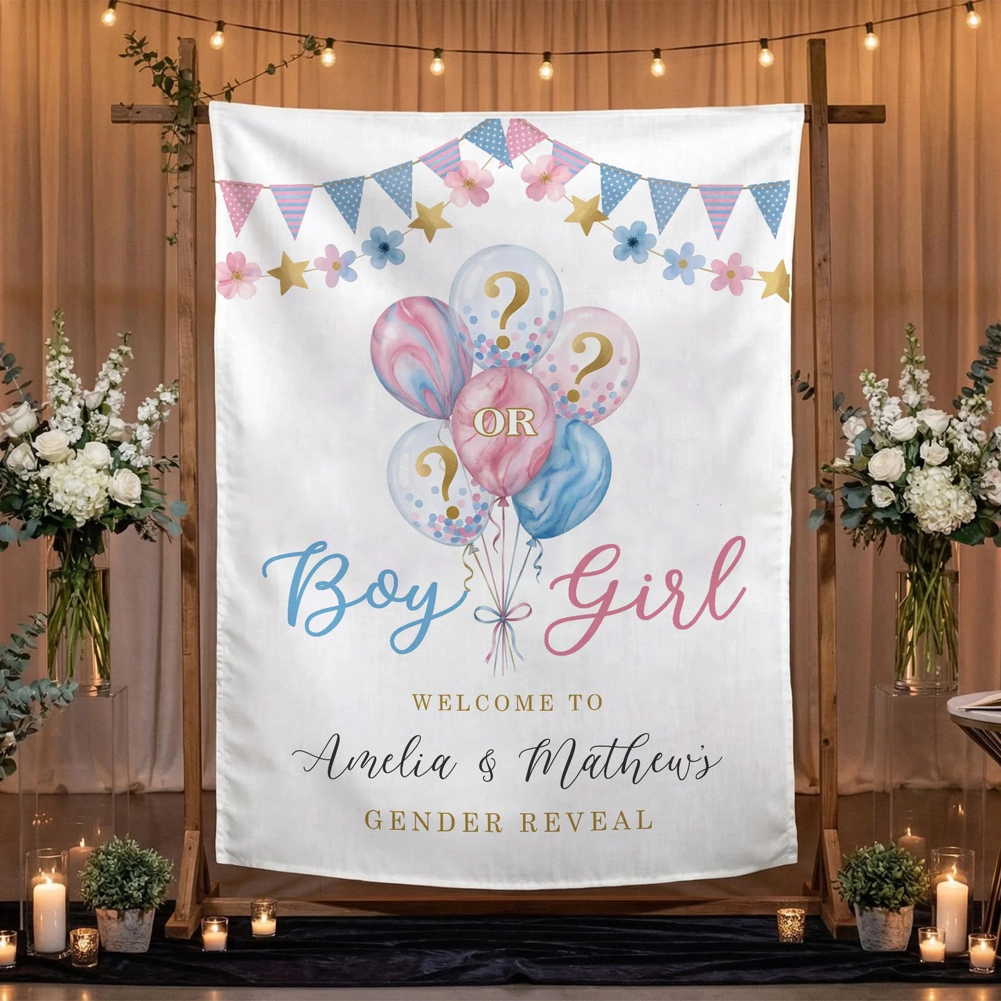 Gender Reveal Banner Boy or Girl Backdrop Personalized Gender Reveal Party Tapestry Custom Name Banner (view 3)