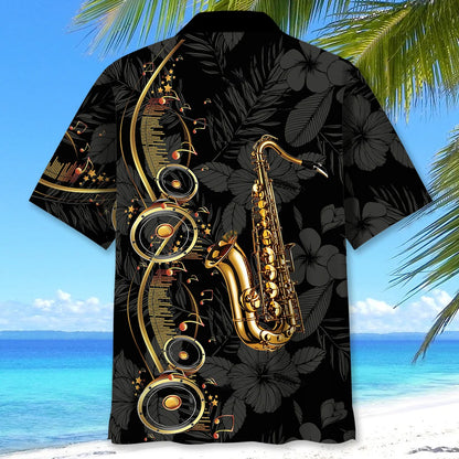 Brass Saxophone Black Hawaiian Shirt