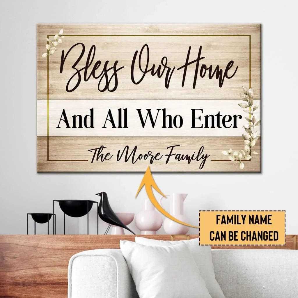 personalized bless our home christian wall art canvas with custom family name (Landscape)