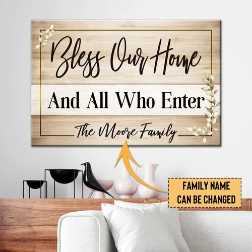 personalized bless our home christian wall art canvas with custom family name (Landscape)