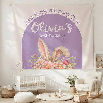 Bunny First Birthday Tapestry Personalized Girl 1st Birthday Backdrop Bunny Birthday Party Banner