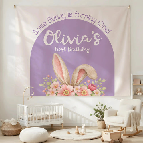 Bunny First Birthday Tapestry Personalized Girl 1st Birthday Backdrop Bunny Birthday Party Banner
