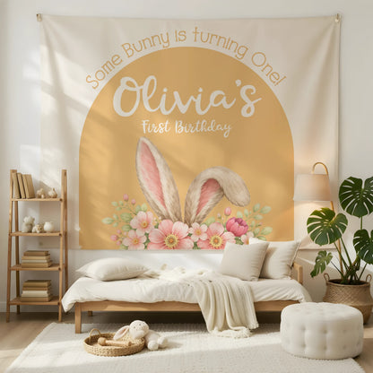 Bunny First Birthday Tapestry Personalized Girl 1st Birthday Backdrop Bunny Birthday Party Banner