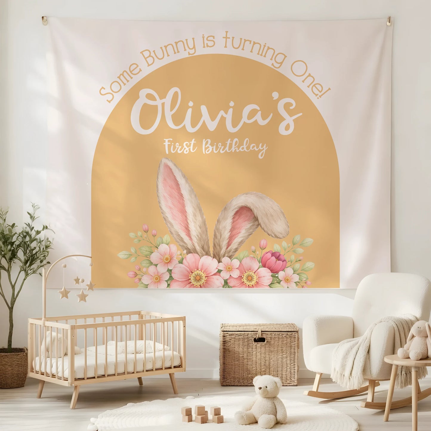 Bunny First Birthday Tapestry Personalized Girl 1st Birthday Backdrop Bunny Birthday Party Banner