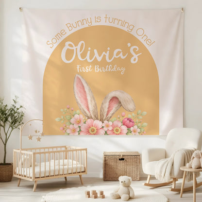 Bunny First Birthday Tapestry Personalized Girl 1st Birthday Backdrop Bunny Birthday Party Banner