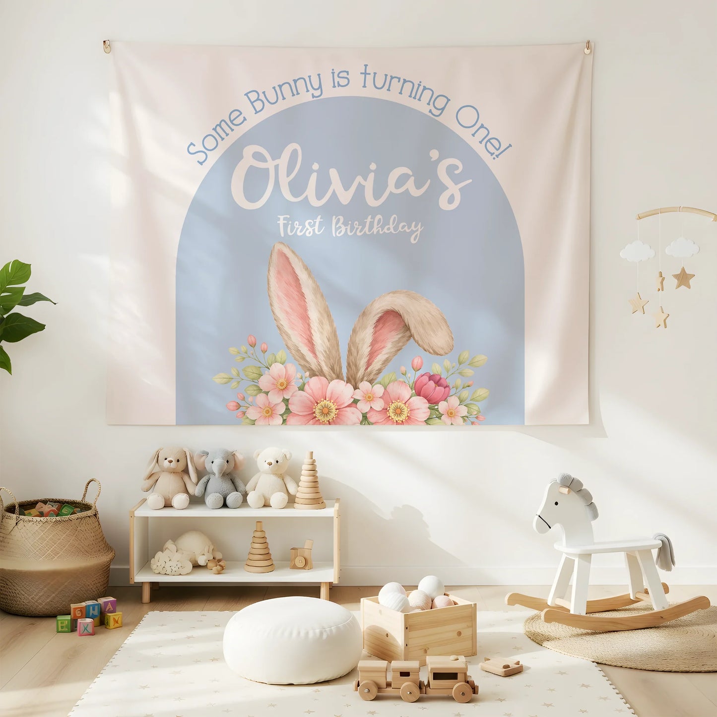 Bunny First Birthday Tapestry Personalized Girl 1st Birthday Backdrop Bunny Birthday Party Banner