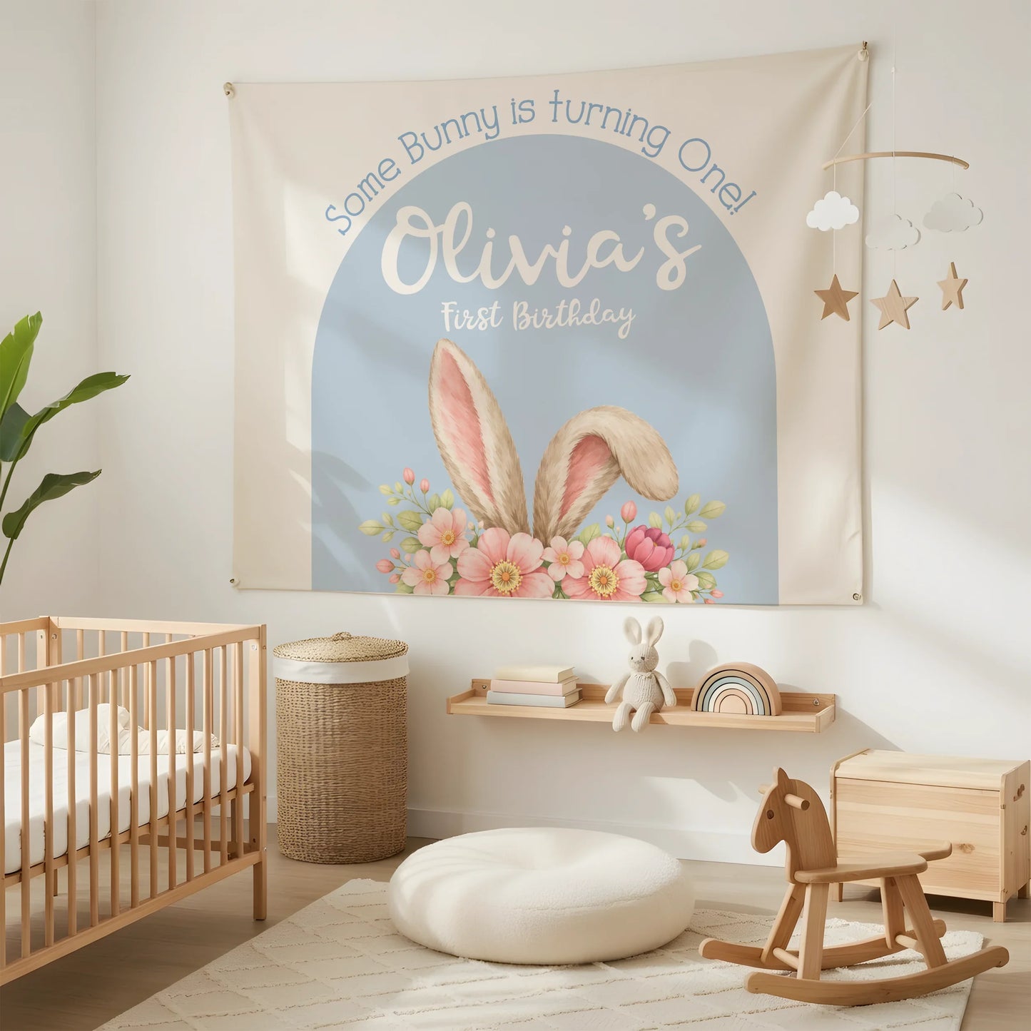 Bunny First Birthday Tapestry Personalized Girl 1st Birthday Backdrop Bunny Birthday Party Banner
