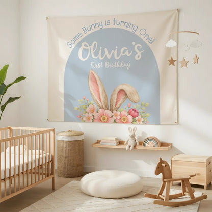 Bunny First Birthday Tapestry Personalized Girl 1st Birthday Backdrop Bunny Birthday Party Banner