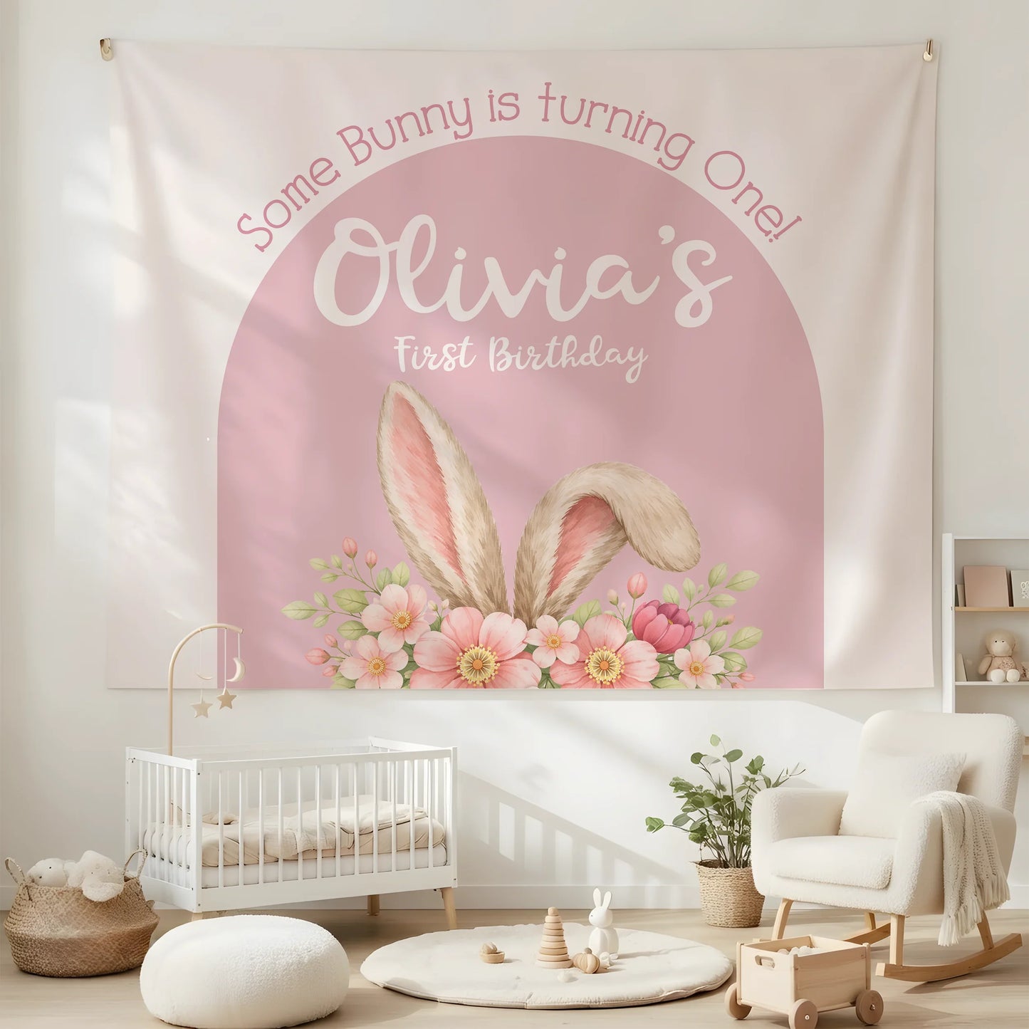 Bunny First Birthday Tapestry Personalized Girl 1st Birthday Backdrop Bunny Birthday Party Banner
