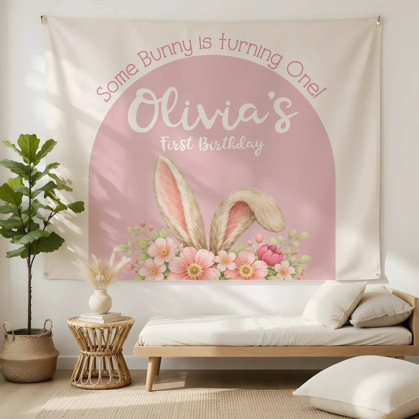 Bunny First Birthday Tapestry Personalized Girl 1st Birthday Backdrop Bunny Birthday Party Banner