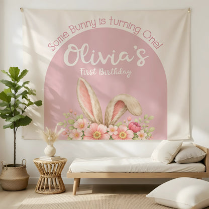 Bunny First Birthday Tapestry Personalized Girl 1st Birthday Backdrop Bunny Birthday Party Banner