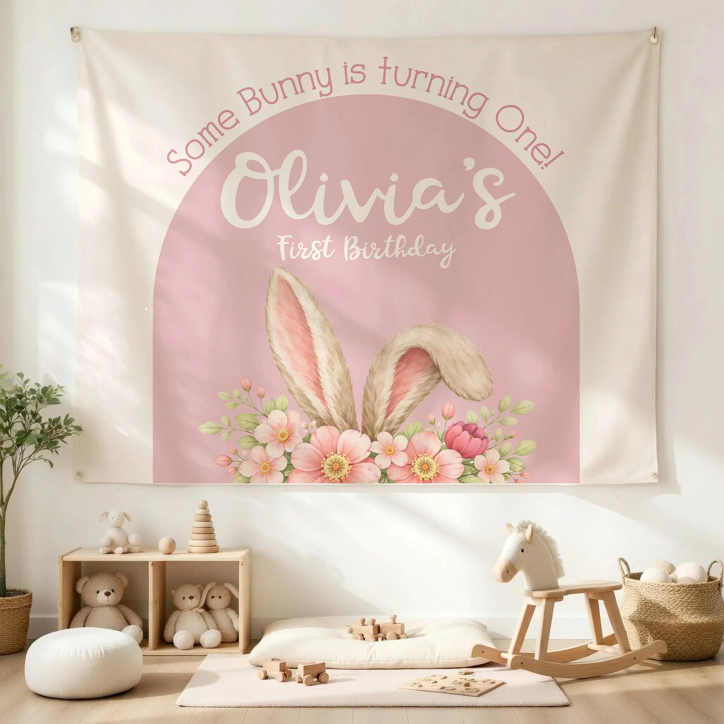 Bunny First Birthday Tapestry Personalized Girl 1st Birthday Backdrop Bunny Birthday Party Banner