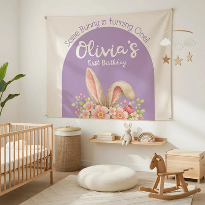 Bunny First Birthday Tapestry Personalized Girl 1st Birthday Backdrop Bunny Birthday Party Banner