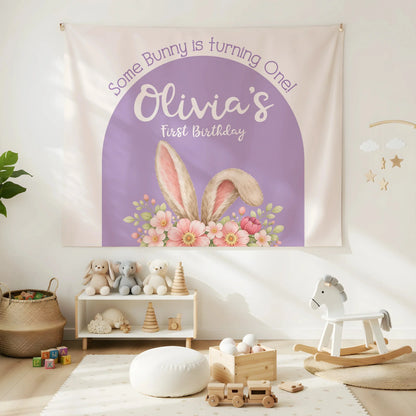 Bunny First Birthday Tapestry Personalized Girl 1st Birthday Backdrop Bunny Birthday Party Banner