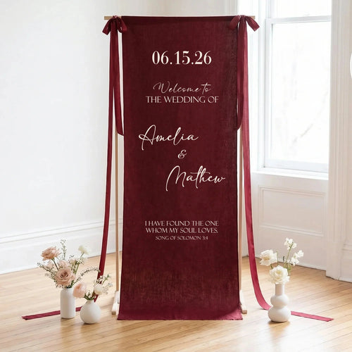 Burgundy Wedding Banner Stand Personalized Wedding Welcome Sign Custom Name Linen Wedding Decor, personalized wedding decor