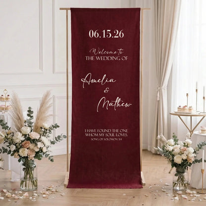 Burgundy Wedding Banner Stand Personalized Wedding Welcome Sign Custom Name Linen Wedding Decor, personalized wedding decor