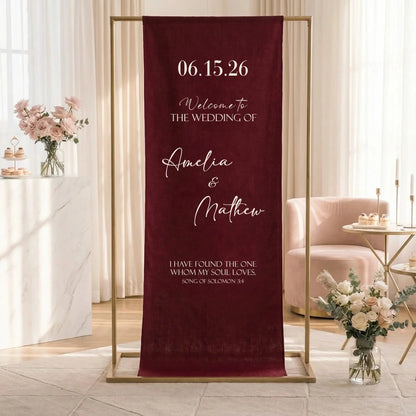 Burgundy Wedding Banner Stand Personalized Wedding Welcome Sign Custom Name Linen Wedding Decor, personalized wedding decor