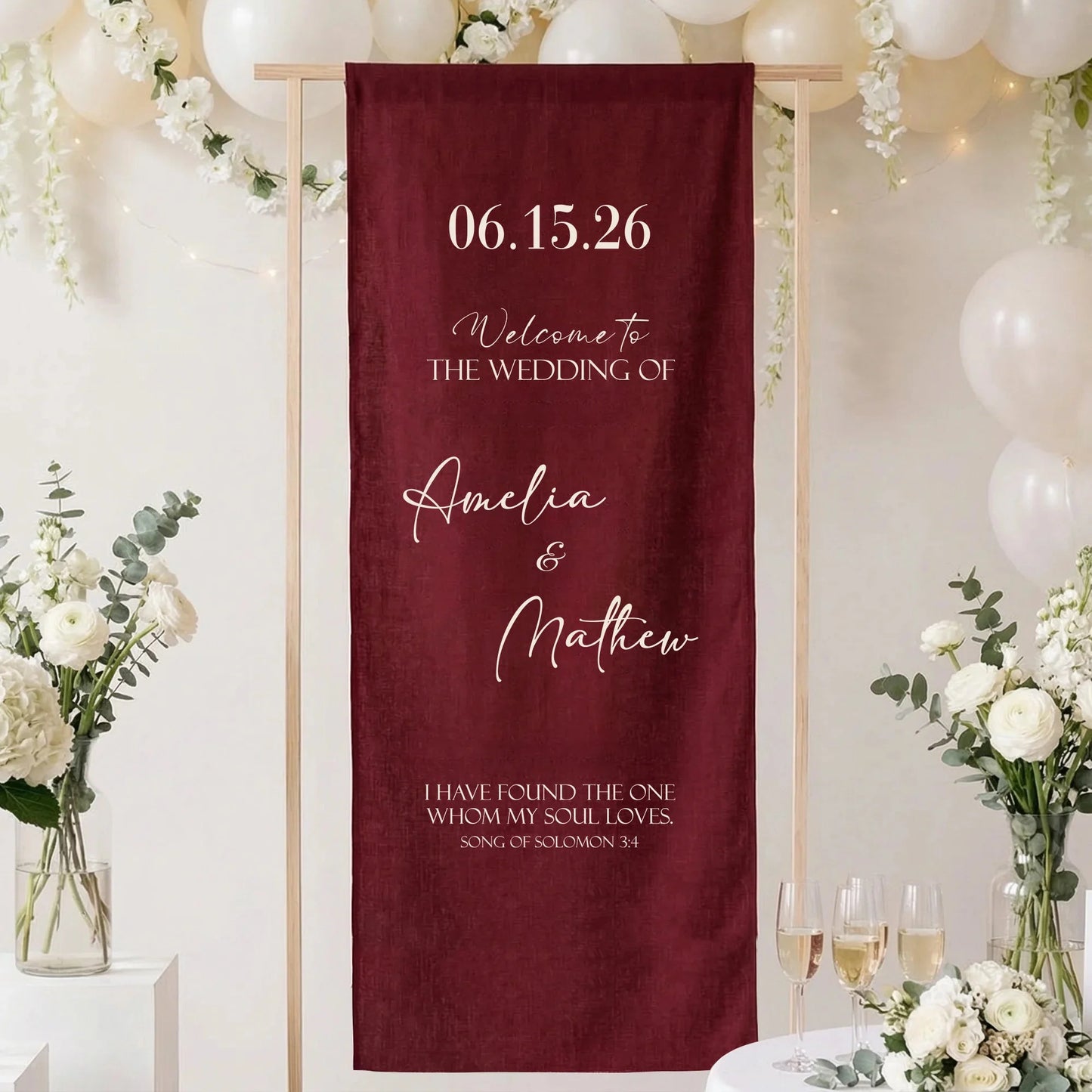 Burgundy Wedding Banner Stand Personalized Wedding Welcome Sign Custom Name Linen Wedding Decor, personalized wedding decor
