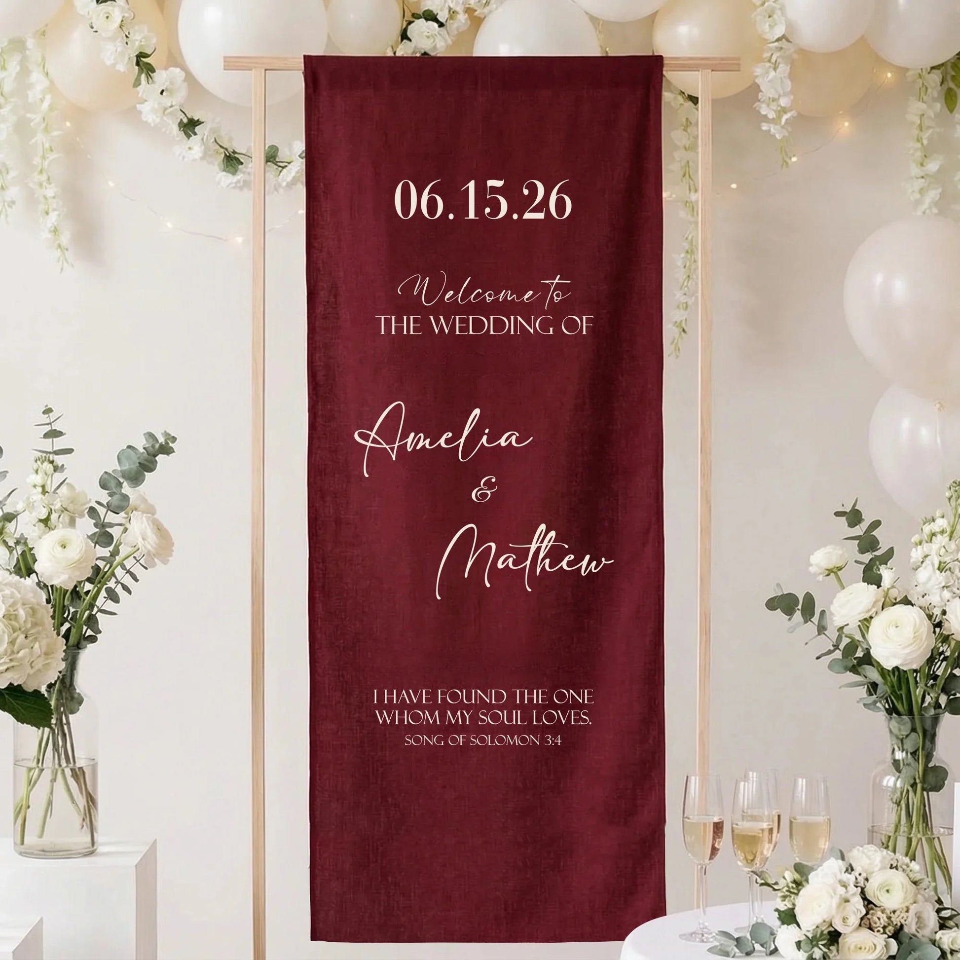 Burgundy Wedding Banner Stand Personalized Wedding Welcome Sign Custom Name Linen Wedding Decor, personalized wedding decor