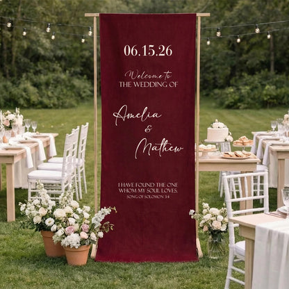 Burgundy Wedding Banner Stand Personalized Wedding Welcome Sign Custom Name Linen Wedding Decor, personalized wedding decor