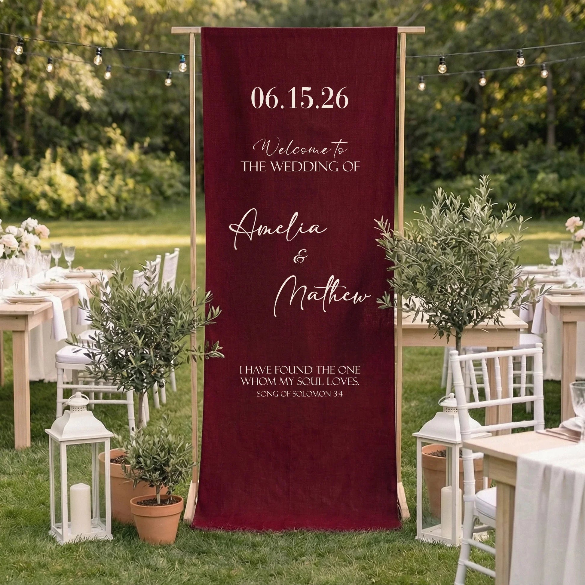 Burgundy Wedding Banner Stand Personalized Wedding Welcome Sign Custom Name Linen Wedding Decor, personalized wedding decor