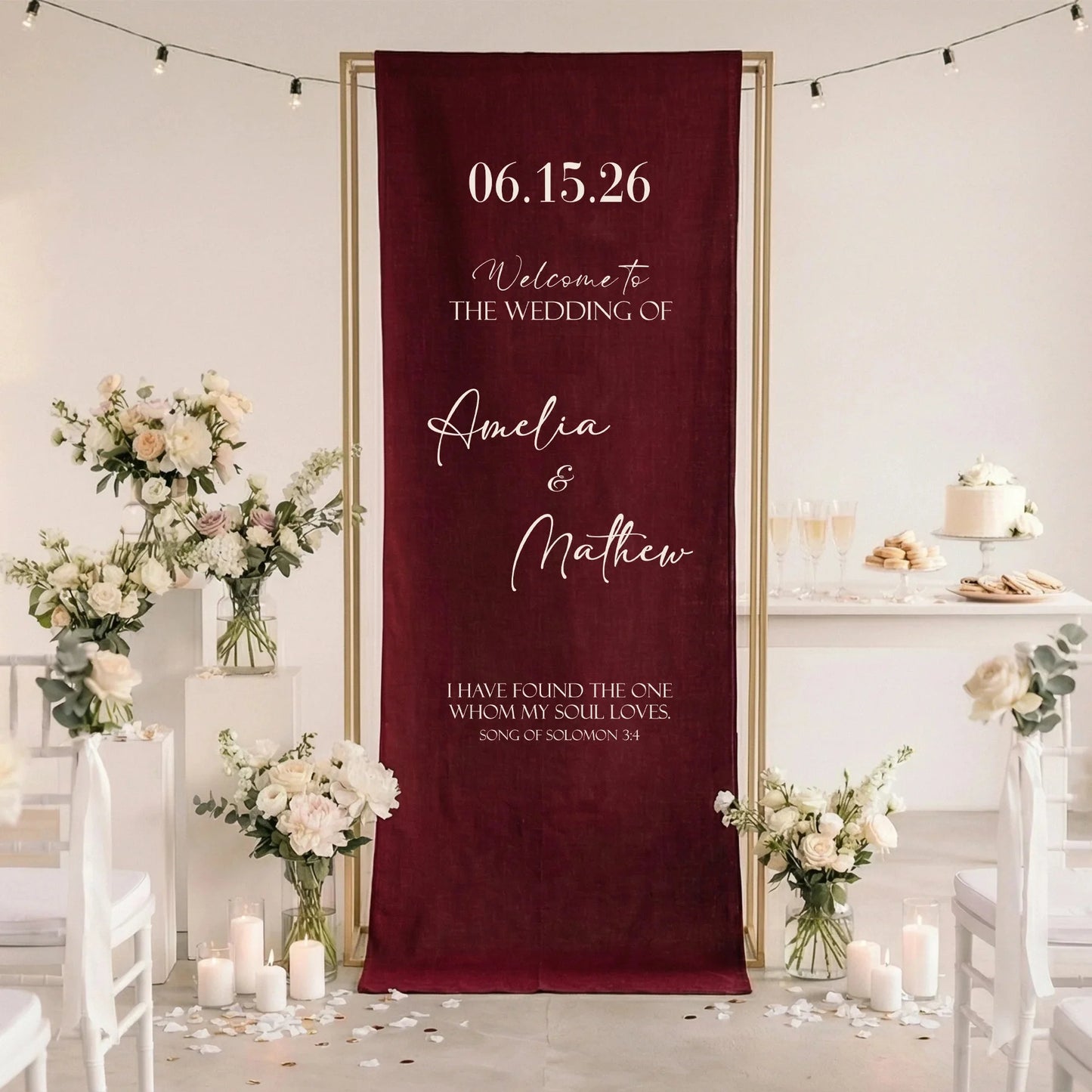 Burgundy Wedding Banner Stand Personalized Wedding Welcome Sign Custom Name Linen Wedding Decor, personalized wedding decor