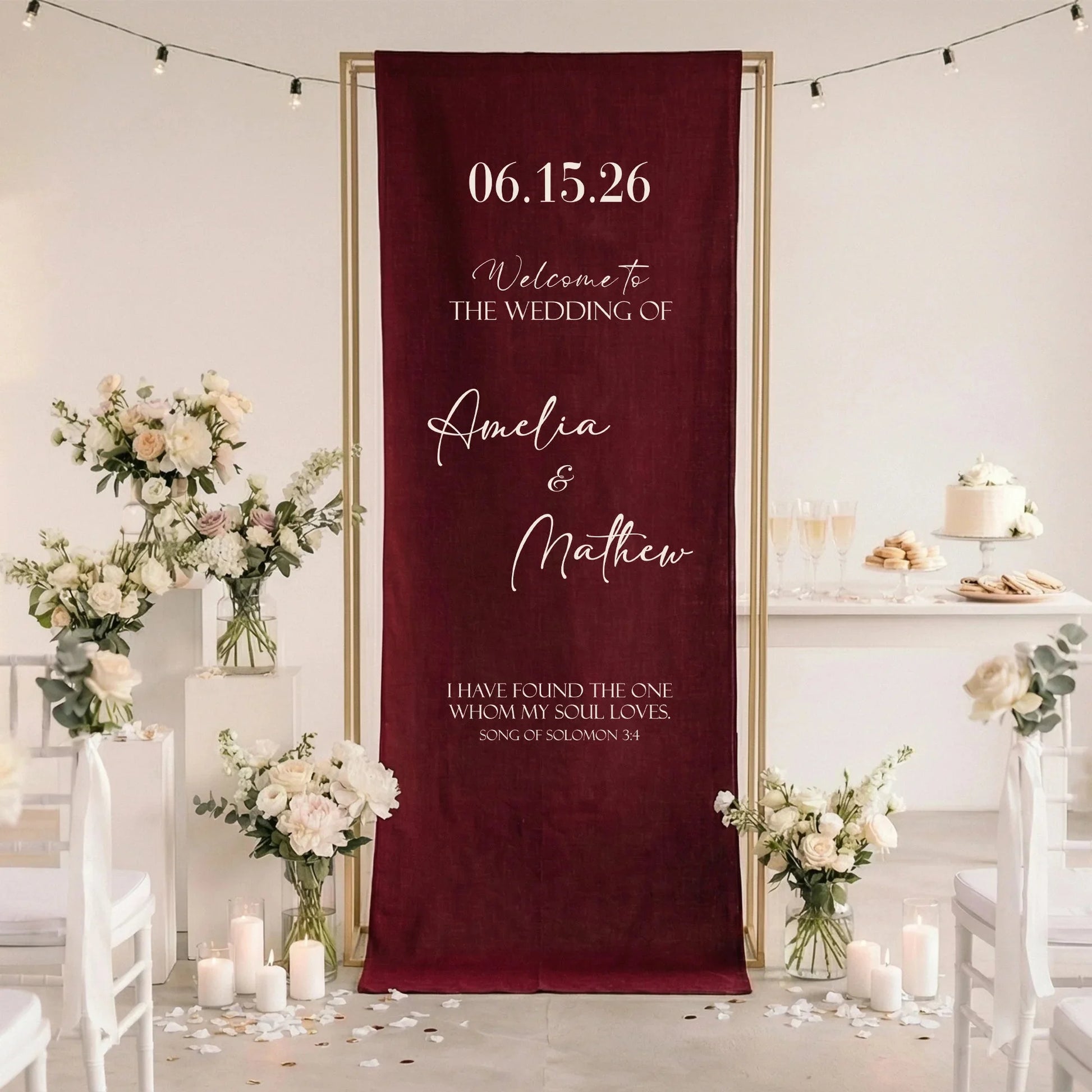 Burgundy Wedding Banner Stand Personalized Wedding Welcome Sign Custom Name Linen Wedding Decor, personalized wedding decor