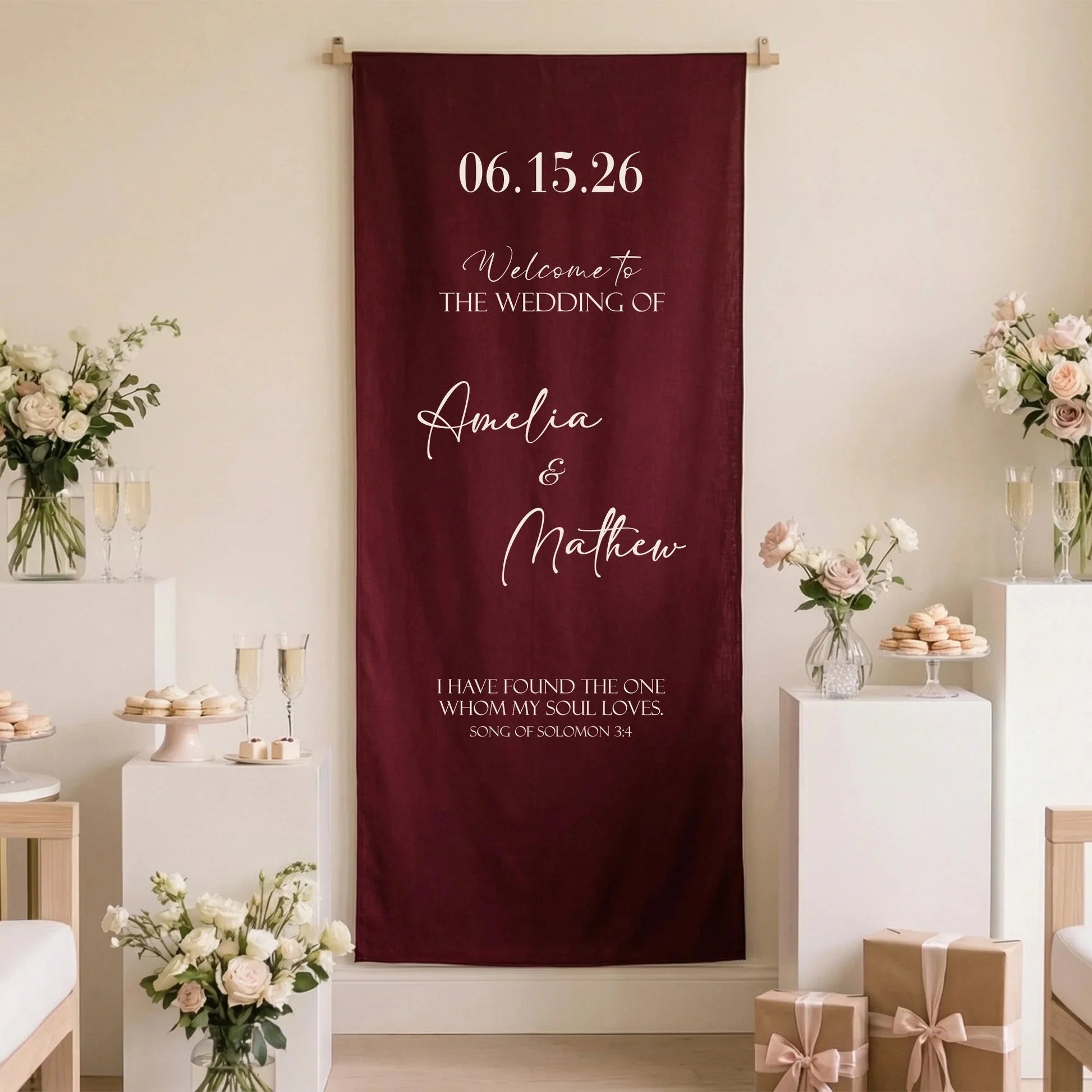 Burgundy Wedding Banner Stand Personalized Wedding Welcome Sign Custom Name Linen Wedding Decor, personalized wedding decor