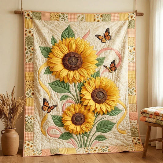 Butterfly Sunflower Quilt Blanket - Quilted Blanket by OtterMia
