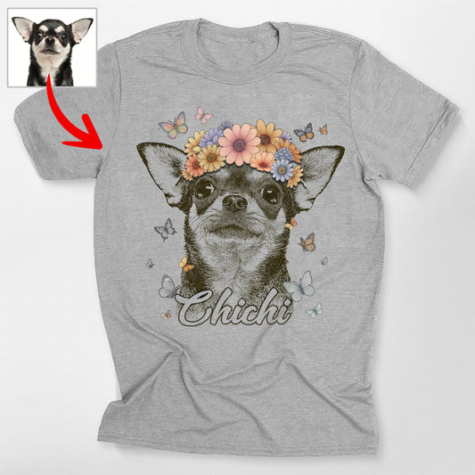 Butterfly Flower Crown Dog Portrait Bella Canvas T-Shirt, custom pet portrait gift for pet lovers