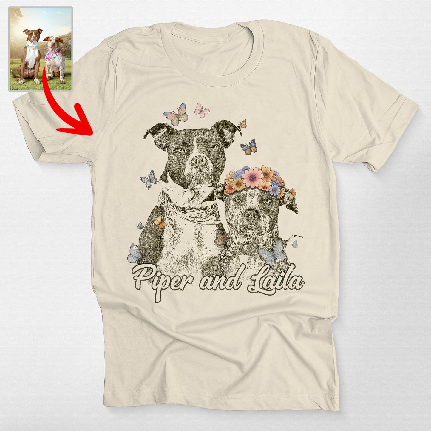 Butterfly Flower Crown Dog Portrait Bella Canvas T-Shirt, custom pet portrait gift for pet lovers (view 4)
