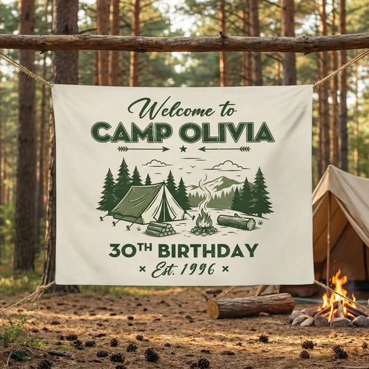 Camp Birthday Banner Personalized Camping Birthday Party Backdrop Custom Name Outdoor Birthday Banner, personalized birthd...