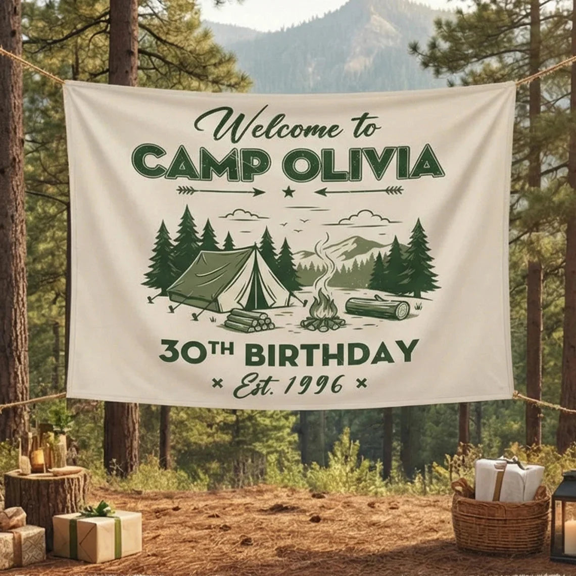 Camp Birthday Banner Personalized Camping Birthday Party Backdrop Custom Name Outdoor Birthday Banner, personalized birthd...