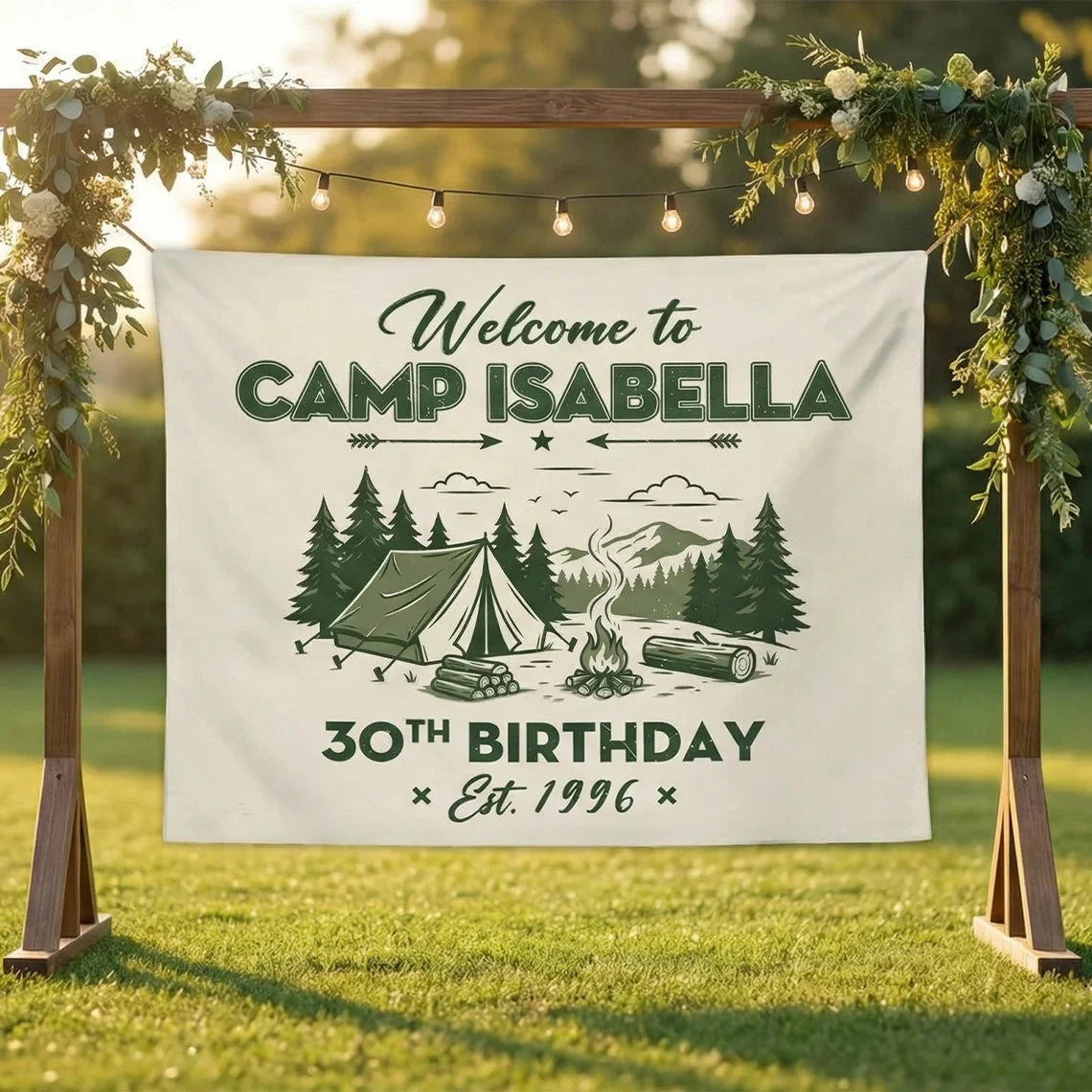 Camp Birthday Banner Personalized Camping Birthday Party Backdrop Custom Name Outdoor Birthday Banner, personalized birthd...
