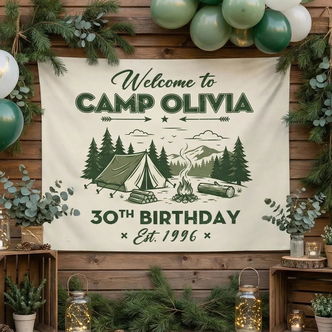 Camp Birthday Banner Personalized Camping Birthday Party Backdrop Custom Name Outdoor Birthday Banner, personalized birthd...
