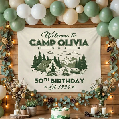 Camp Birthday Banner Personalized Camping Birthday Party Backdrop Custom Name Outdoor Birthday Banner, personalized birthd...