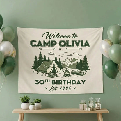 Camp Birthday Banner Personalized Camping Birthday Party Backdrop Custom Name Outdoor Birthday Banner, personalized birthd...