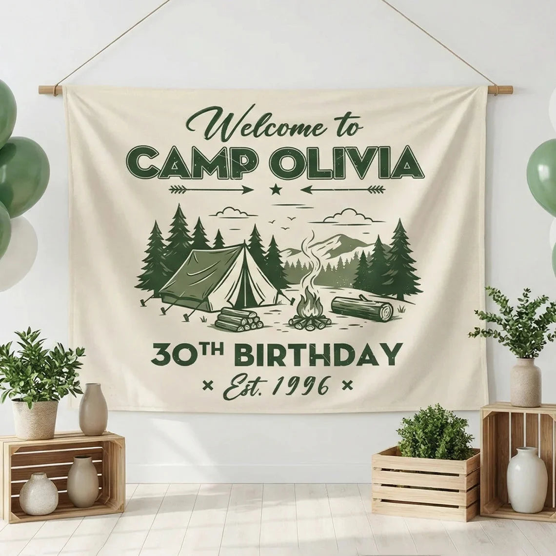 Camp Birthday Banner Personalized Camping Birthday Party Backdrop Custom Name Outdoor Birthday Banner, personalized birthd...