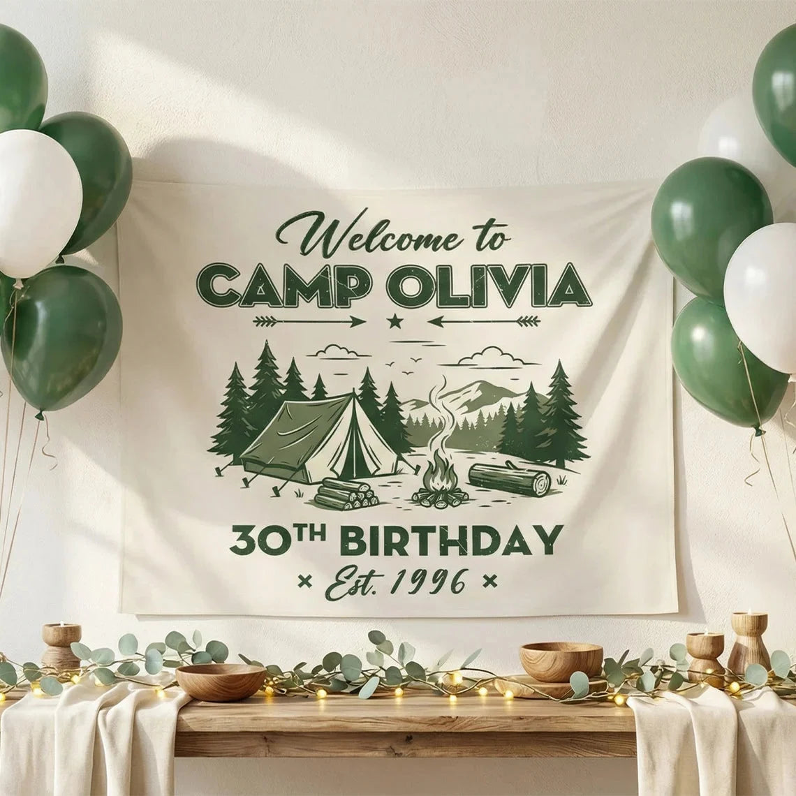 Camp Birthday Banner Personalized Camping Birthday Party Backdrop Custom Name Outdoor Birthday Banner, personalized birthd...