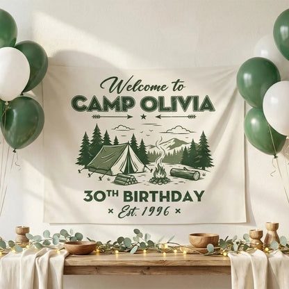 Camp Birthday Banner Personalized Camping Birthday Party Backdrop Custom Name Outdoor Birthday Banner, personalized birthd...